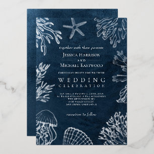 Elegante Classy Navy Blue Ocean Beach Hochzeit Folieneinladung