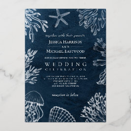 Elegante Classy Navy Blue Ocean Beach Hochzeit Folieneinladung