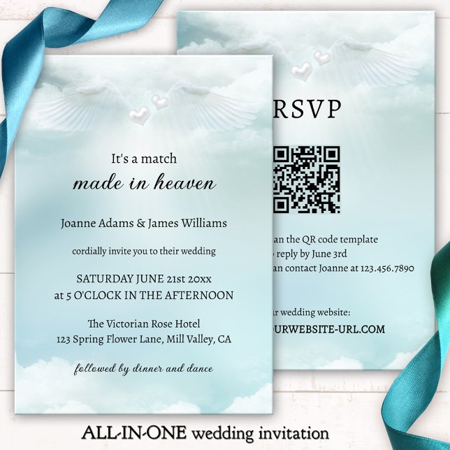 Elegante Cloud Nine Angel Wings All in One Wedding Einladung (Pastel turquoise wedding invitation featuring angel wings and silver hearts on soft dreamy clouds)