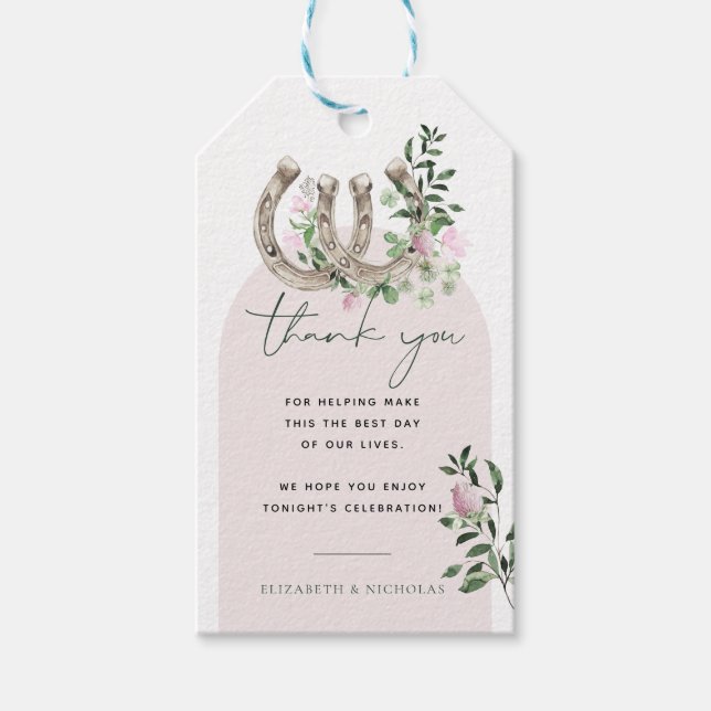 Elegante Clover Horseshoes Botanische Hochzeit Geschenkanhänger (Vorderseite)
