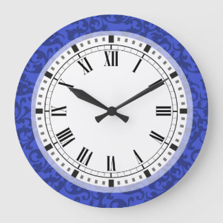 Elegante Cobalt Blue Damask Scrolls Große Wanduhr