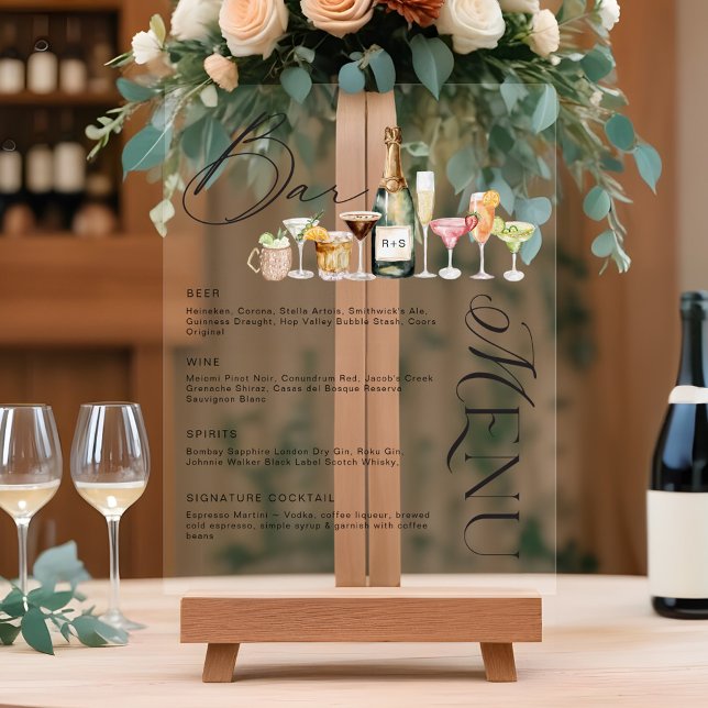Elegante Cocktails Hochzeitsmenü Bar Acrylschild (Elegant Watercolor Cocktails Wedding Bar Menu Acrylic Sign)