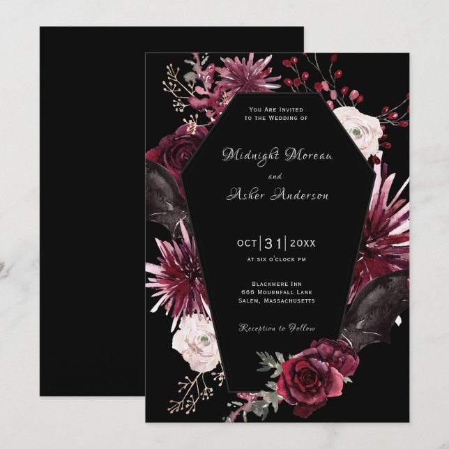 Elegante Coffin Floral Gothic Halloween Hochzeit Einladung (Vorne/Hinten)