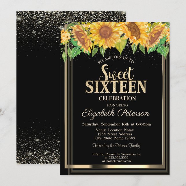 Elegante Confetti Gold Rahmen Sonnenblumen Sweet 1 Einladung (Vorne/Hinten)