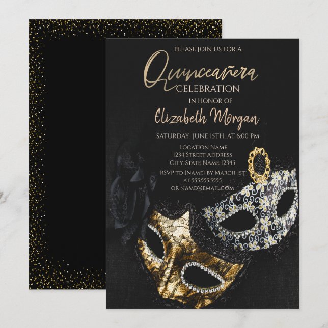 Elegante Confetti Masque, Masquerade Quinceñera Einladung (Vorne/Hinten)