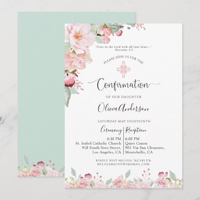 Elegante Confirmation Rose Gold, Minze Floral, Ver Einladung (Vorne/Hinten)