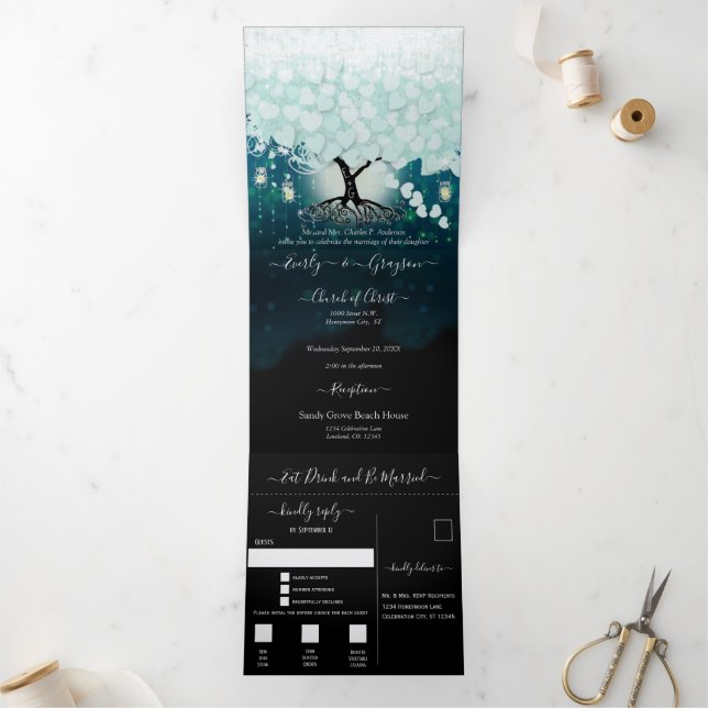 Elegante Coole Aqua Heart Leaf Wedding Dreifach Gefaltete Einladung (Innenseite)