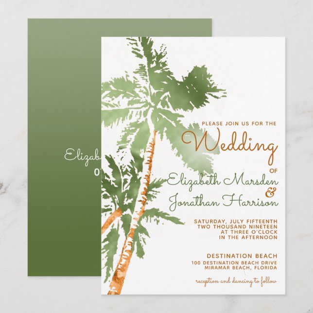 Elegante Copper Palm Trees Tropical Beach Hochzeit Einladung (Vorne/Hinten)