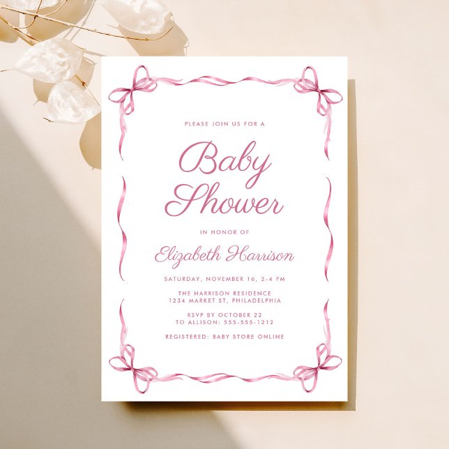 Elegante Coquette Bows Pink Baby Girl Dusche Einladung (Celebrate the upcoming arrival of your baby girl with a vintage-inspired coquette bows baby shower)