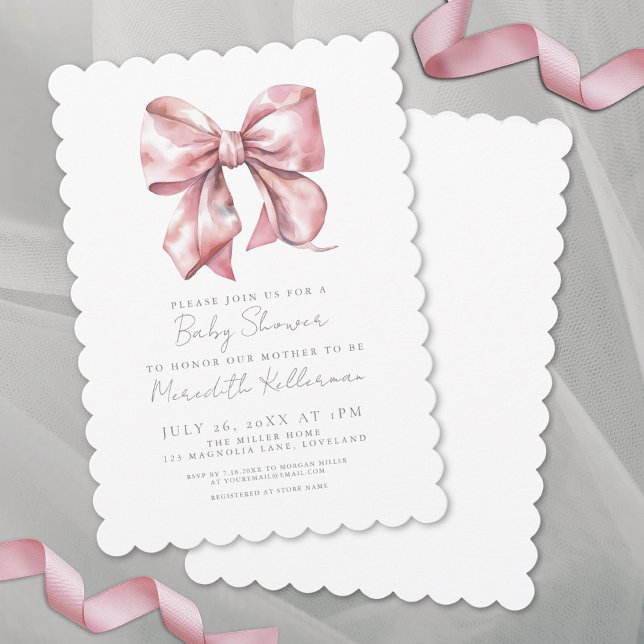 Elegante Coquette Pink Bow Baby Dusche Einladung (Elegant Scallop Pink Bow Baby Shower Invitation)