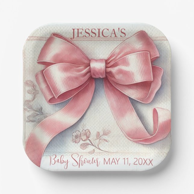 Elegante Coquette Pink Bow Baby Shower Girl Pappteller (Vorderseite)