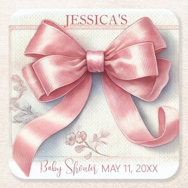Elegante Coquette Pink Bow Baby Shower Girl Rechteckiger Pappuntersetzer (Vorderseite)