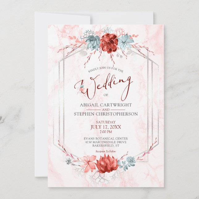 Elegante Coral Floral Geometric Marble Wedding Einladung (Vorderseite)