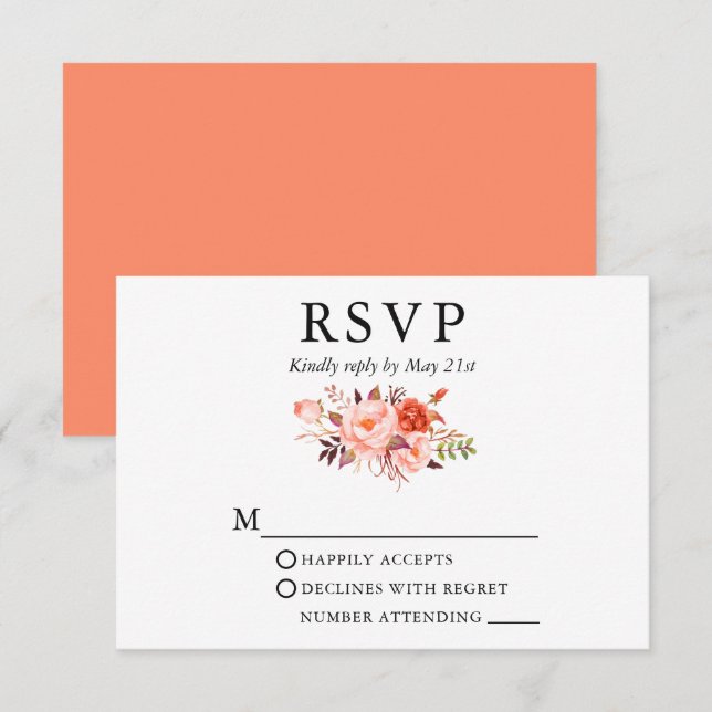 Elegante Coral Floral Rose Hochzeit RSVP Karte (Vorne/Hinten)