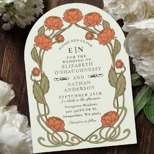 Elegante Coral Peony Art Nouveau Floral Wedding Einladung