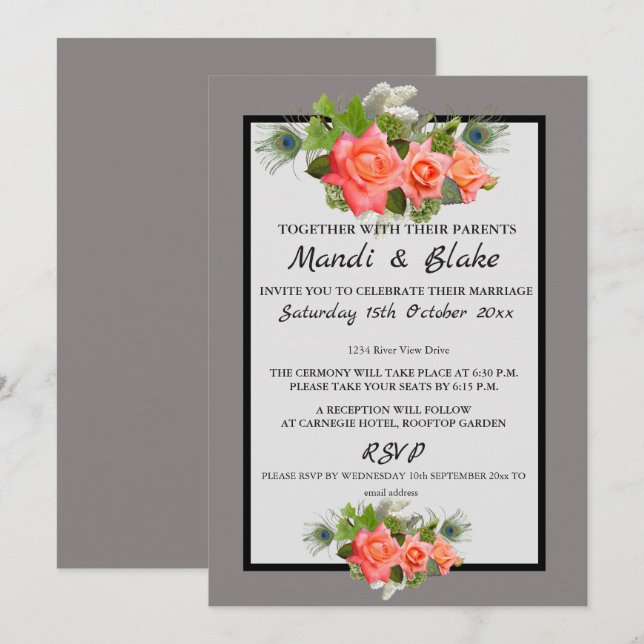Elegante Coral Rose & Einladung zur Hochzeit (Vorne/Hinten)