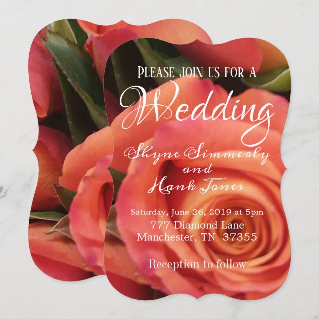 Elegante Coral Rose Hochzeit Einladung (Vorne/Hinten)