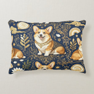 Elegante Corgi-Hunde Gold Damast Navy Blau Dekokissen