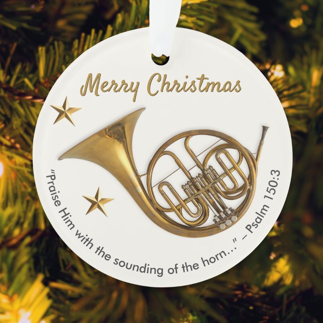 Élégante Corne française avec Psaume 150:3 Noël (A festive ornament with French horn picture, Merry Christmas greeting, Bible quote and custom text)