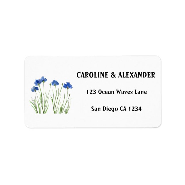 Elegante Cornflwers Wildblumen Hochzeit Adressaufkleber (Vorne)