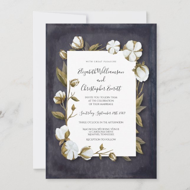 Elegante Cotton Floral Schwarz-weiß Wedding Einladung (Vorderseite)