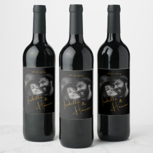 Elegante Couple Liebe Custom Foto Black and Gold Weinetikett