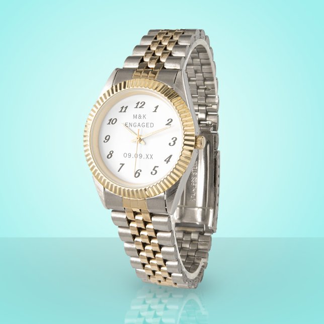 Elegante Couple Monogram Verlobte Verlobung Armbanduhr (Give the gift of time for your engagement. Add your initials and date. Also works for an anniversary)