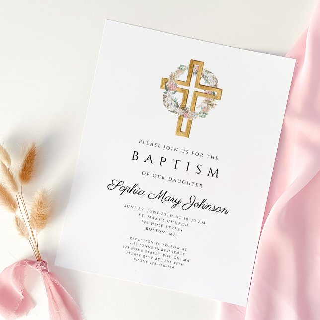 Élégante couronne florale Cross Baptism Invitation (Elegant Floral Wreath Cross Baptism Invitation)