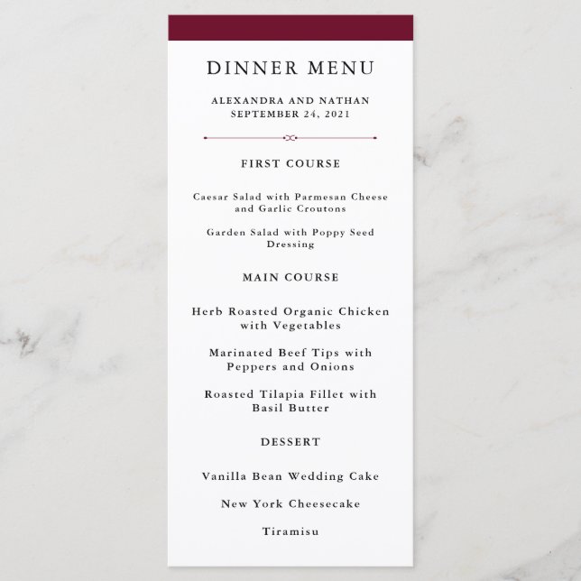 Elegante Couture | Marsala Wedding Menu Menükarte (Vorderseite)