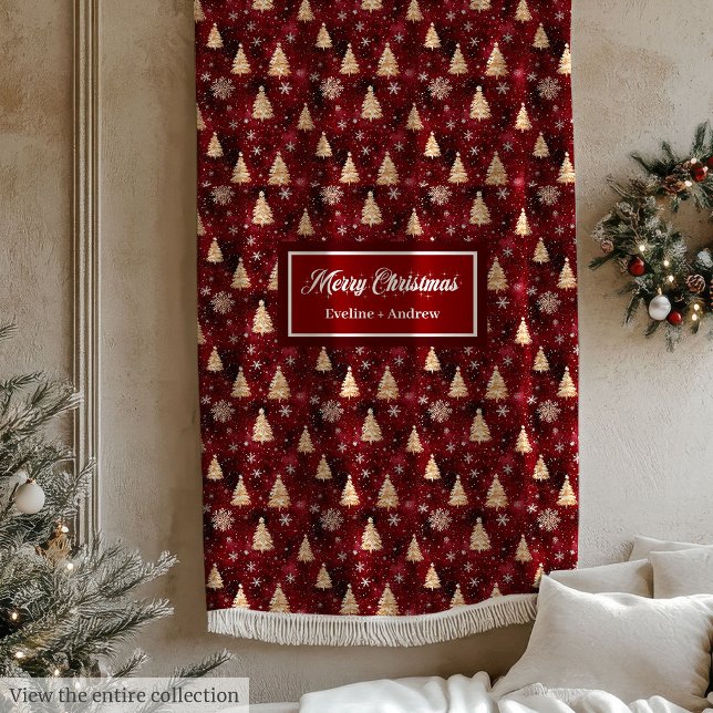 Élégante couverture d'arbres de Noël rouge et or (Elegant deep red and gold Christmas trees blanket)
