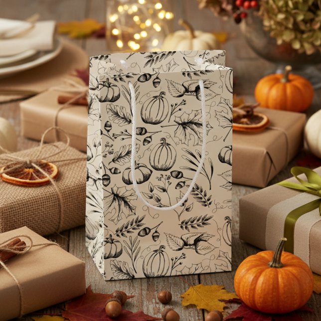 Elegante Cram Herbst Harvest Pumpkins Herbstlaube Kleine Geschenktüte (Elegant Modern Fall Harvest & Foliage Black and White Gift Bags. Autumn Pumpkins & Leaves Pattern)