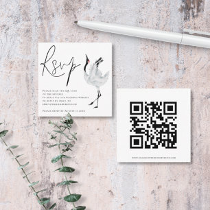 Elegante Crane Bird Script QR Code Wedding RSVP Begleitkarte