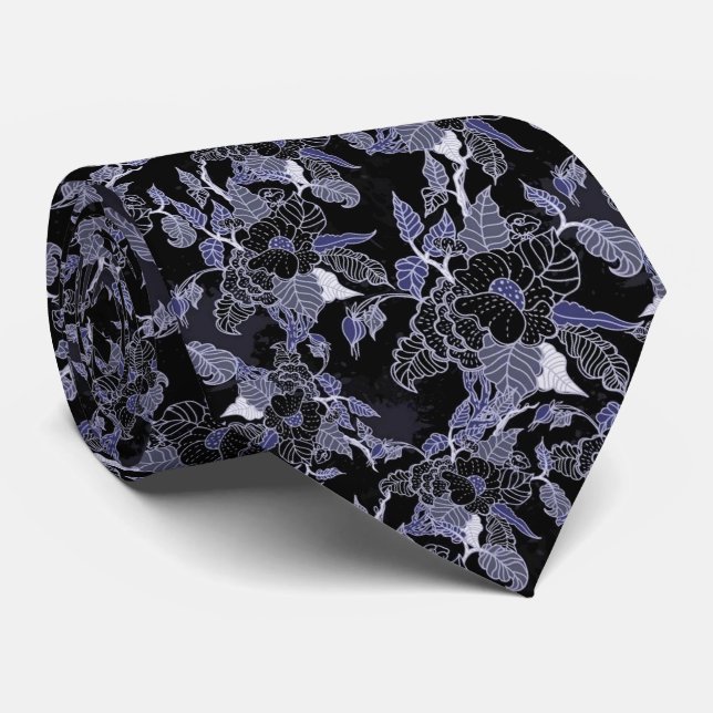 Elégante Cravate florale bleu et gris foncé (Roulé)