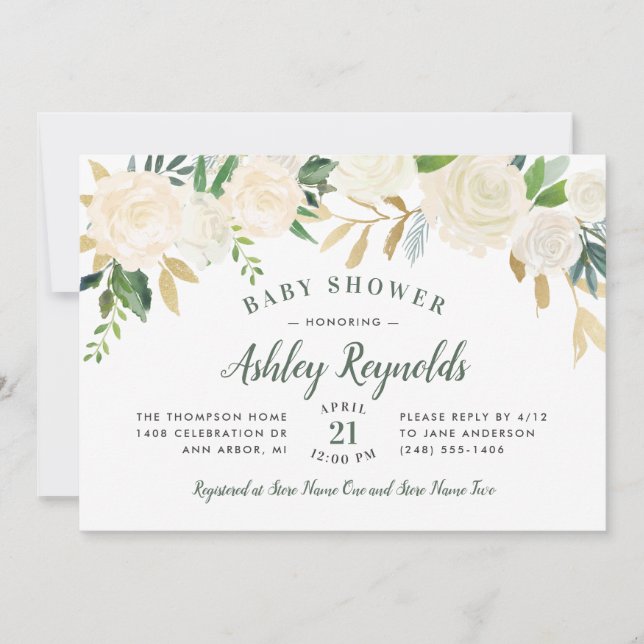 Elegante Cream Gold Blumengrün Babydusche Einladung (Vorderseite)