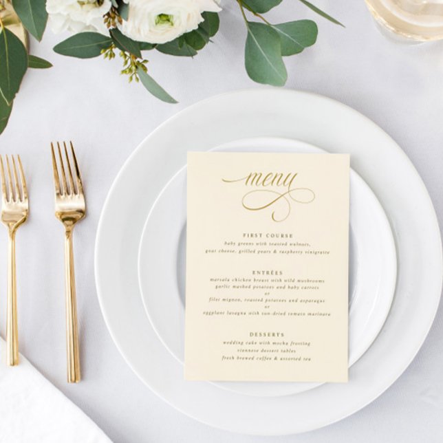 Elegante Cream Gold Calligraphy Luxury Wedding Menükarte (Elegant Gold and Cream Calligraphy Wedding Menu - Classy Sophisticated Luxury Script)