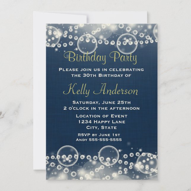 Elegante Cream Lace and Pearls am Blue Birthday Einladung (Vorderseite)
