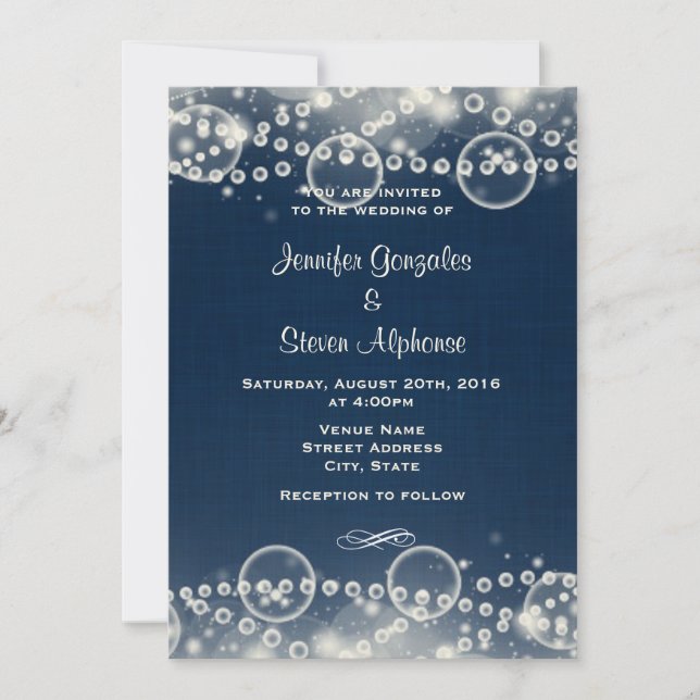 Elegante Cream Lace and Pearls on Blue Wedding Einladung (Vorderseite)