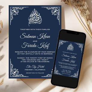 Elegante Cream Navy Blue Islamische Hochzeit Einladung