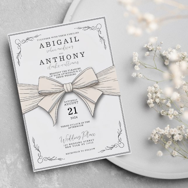 Elegante Cream Ribbon & Vintage Blumenhochzeit Einladung (Elegant Cream Ribbon & Vintage Floral Wedding)