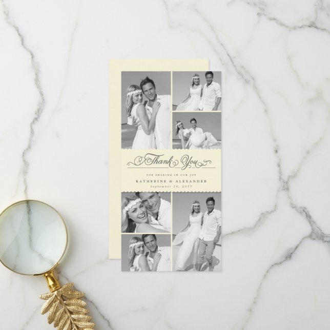 Elegante Cream Scalloped Band 6 Foto Chic Wedding Dankeskarte (Vorderseite/Rückseite Beispiel)