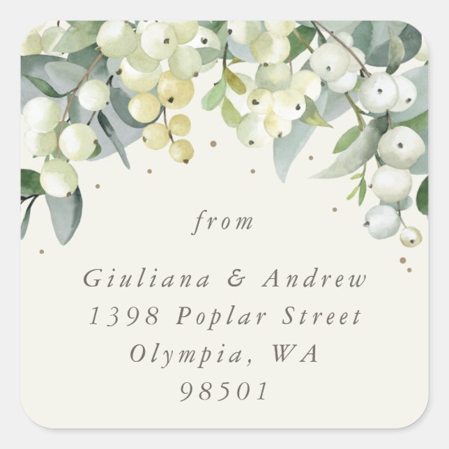 Elegante Cream Snowberry+Eucalyptus Adresse Classi Quadratischer Aufkleber (Vorderseite)
