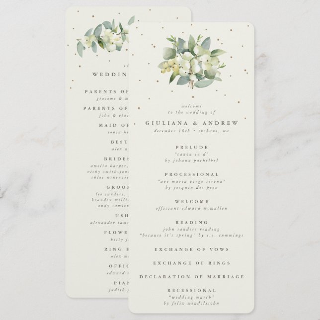 Elegante Cream Snowberry+Eucalyptus Bouquet Weddin Programm (Vorne/Hinten)