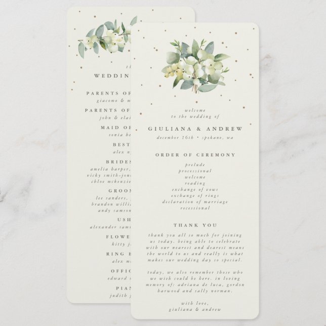 Elegante Cream Snowberry+Eucalyptus Bouquet Weddin Programm (Vorne/Hinten)