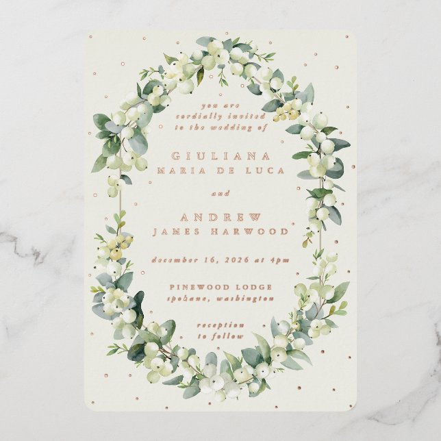 Elegante Cream Snowberry+Eucalyptus Wedding Folieneinladung (Vorderseite)
