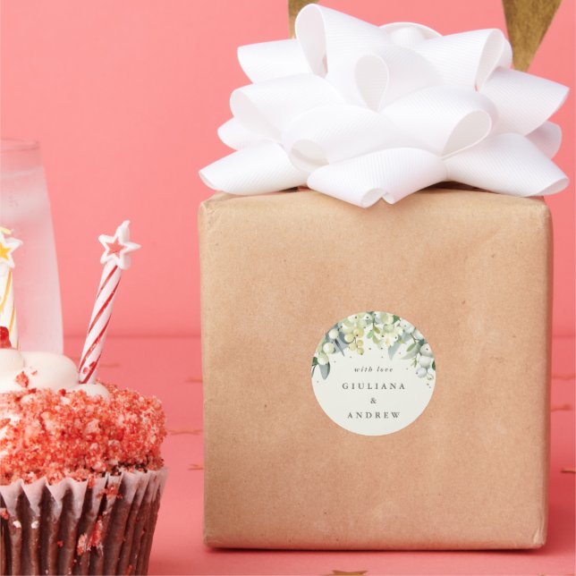 Elegante Cream Snowberry+Eucalyptus Wedding Runder Aufkleber (Party)