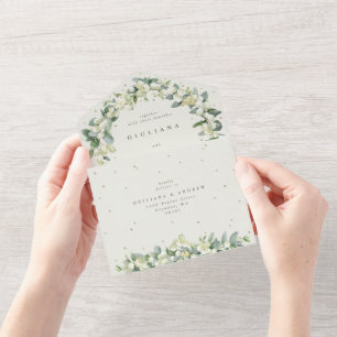 Elegante Cream Snowberry+Eucalyptus Winter Wedding All In One Einladung