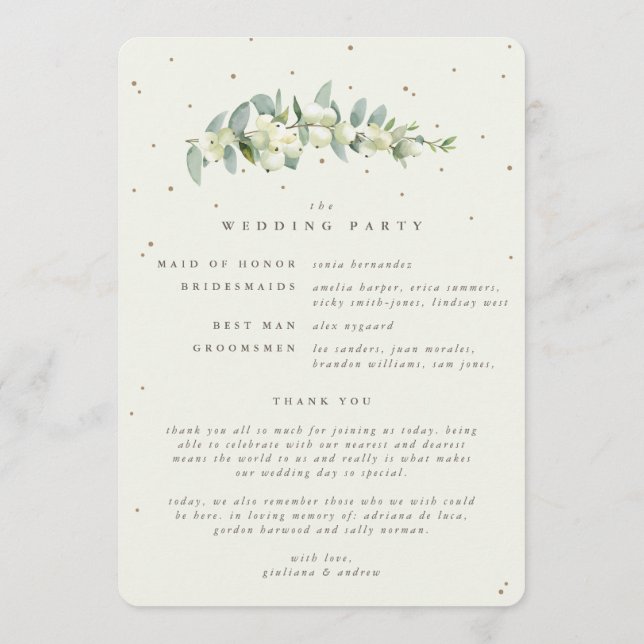 Elegante Cream Snowberry+Eucalyptus Winter Wedding Programm (Rückseite)