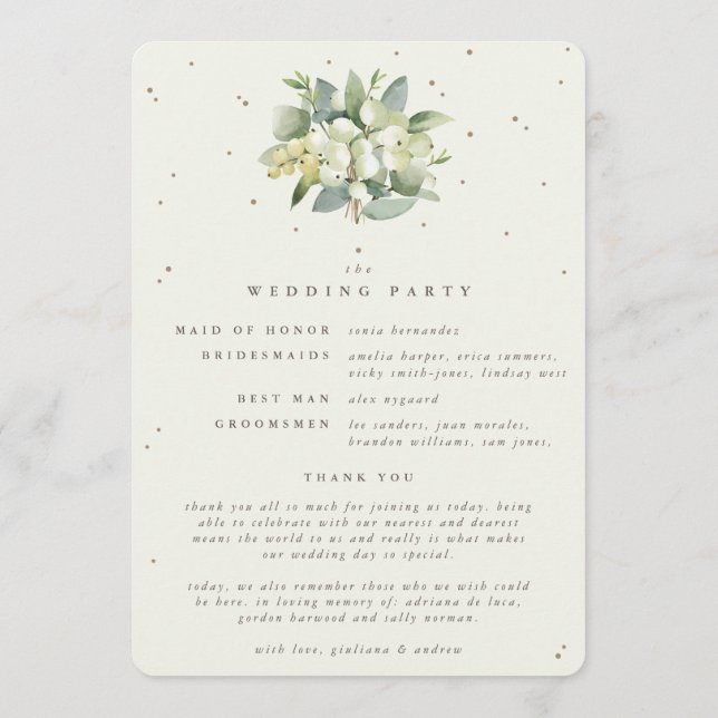 Elegante Cream Snowberry+Eucalyptus Winter Wedding Programm (Rückseite)