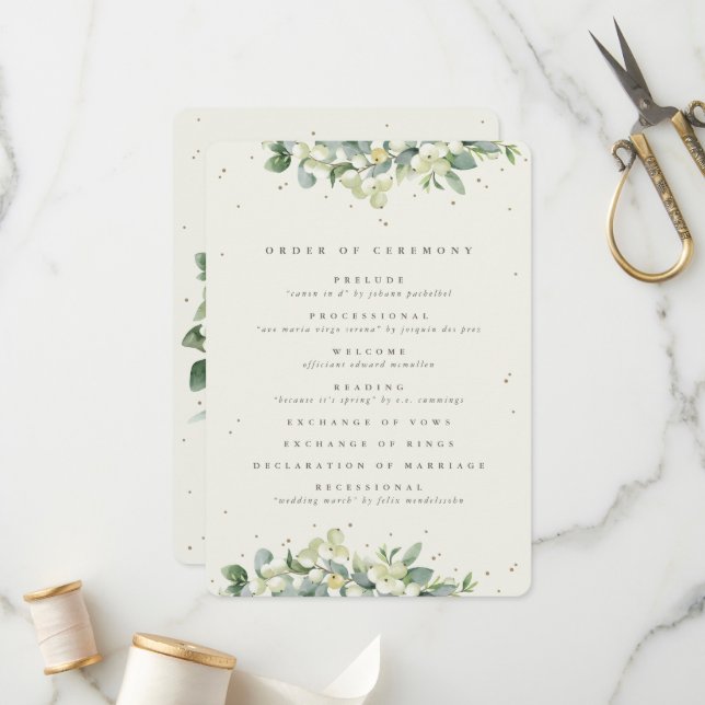 Elegante Cream Snowberry+Eucalyptus Winter Wedding Programm (Vorderseite/Rückseite Beispiel)