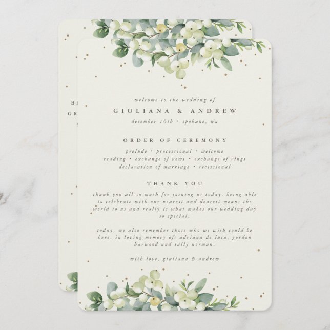 Elegante Cream Snowberry+Eucalyptus Winter Wedding Programm (Vorne/Hinten)